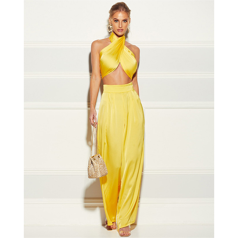 Women Set Top Pants Sets Sleeveless Bandage Sexy Short Tops High Waist Wide Leg Summer Woman 210513