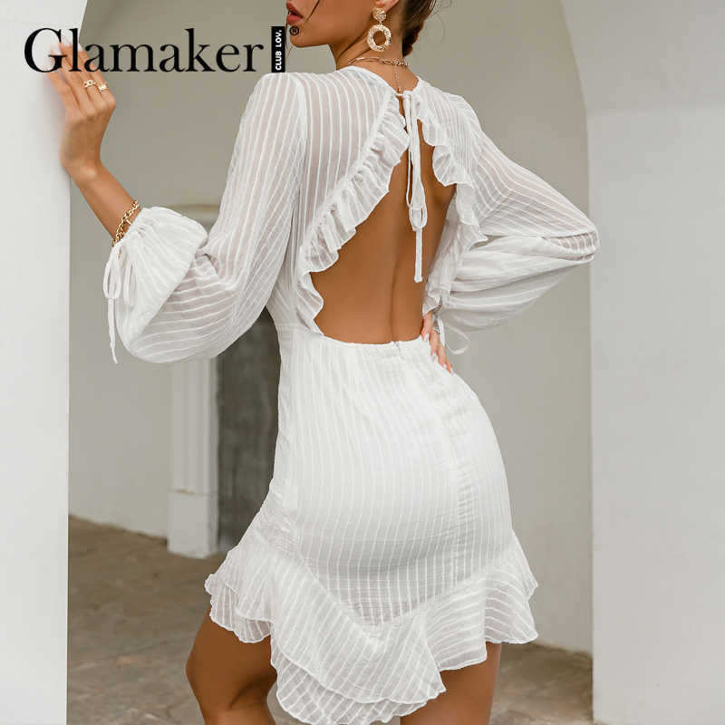 Glamaker Sexy backless white mini dress Summer autumn ruffle A-line dress Holiday beach lace up women elegant fashion shortdress 210630