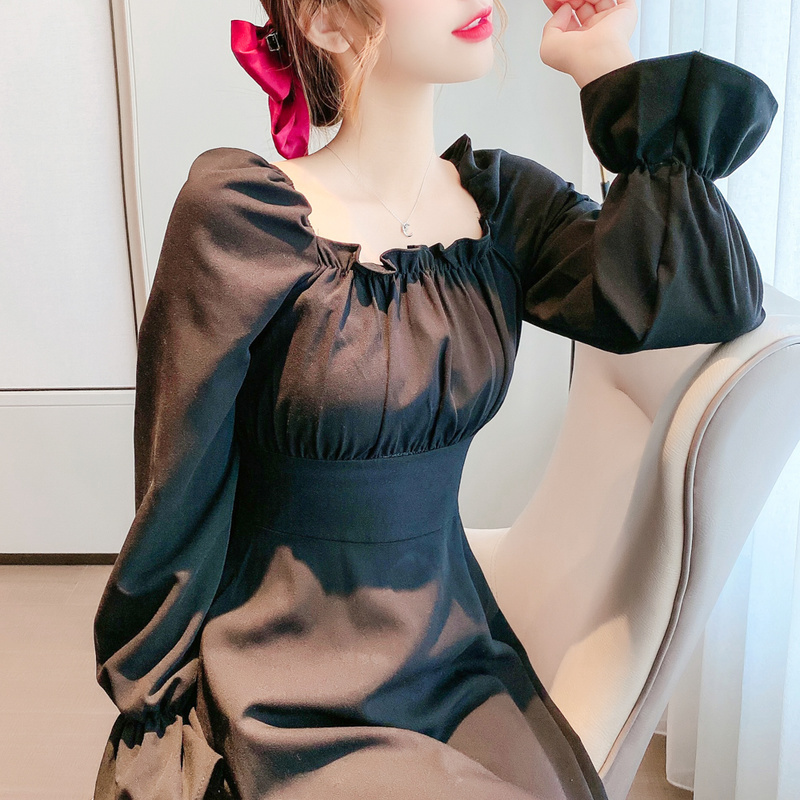 Sexy Dres Women Autumn Korean High Waist Kneelength Back Tie with Openback Square Collar Flare Long Sleeve Dresses 12160 210417