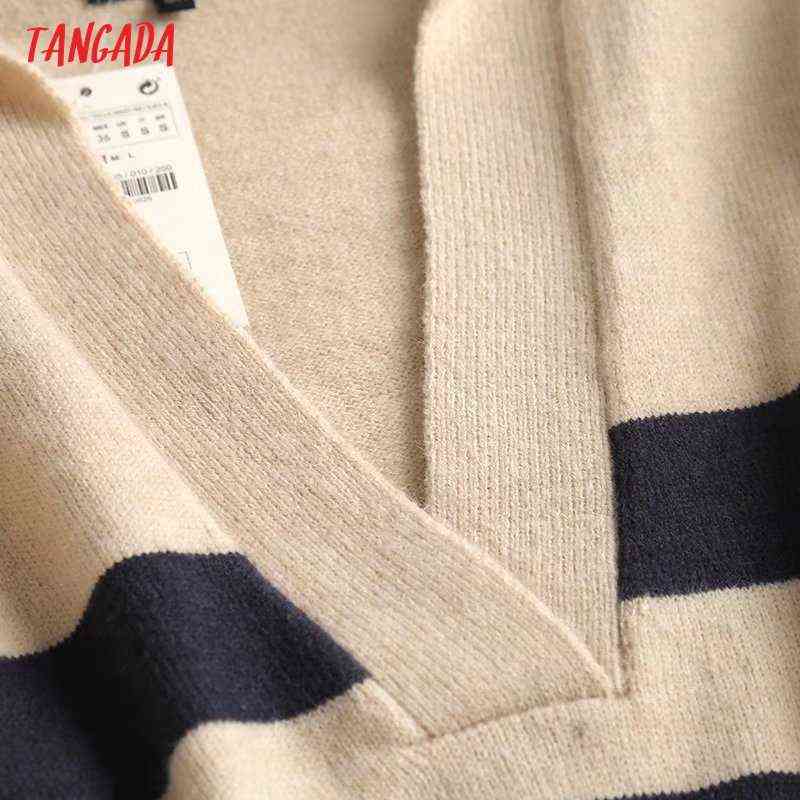 Tangada Women Fashion Striped Knitted Sweater Jumper Female Elegant Oversize Pullovers Chic Tops 4C175 211109