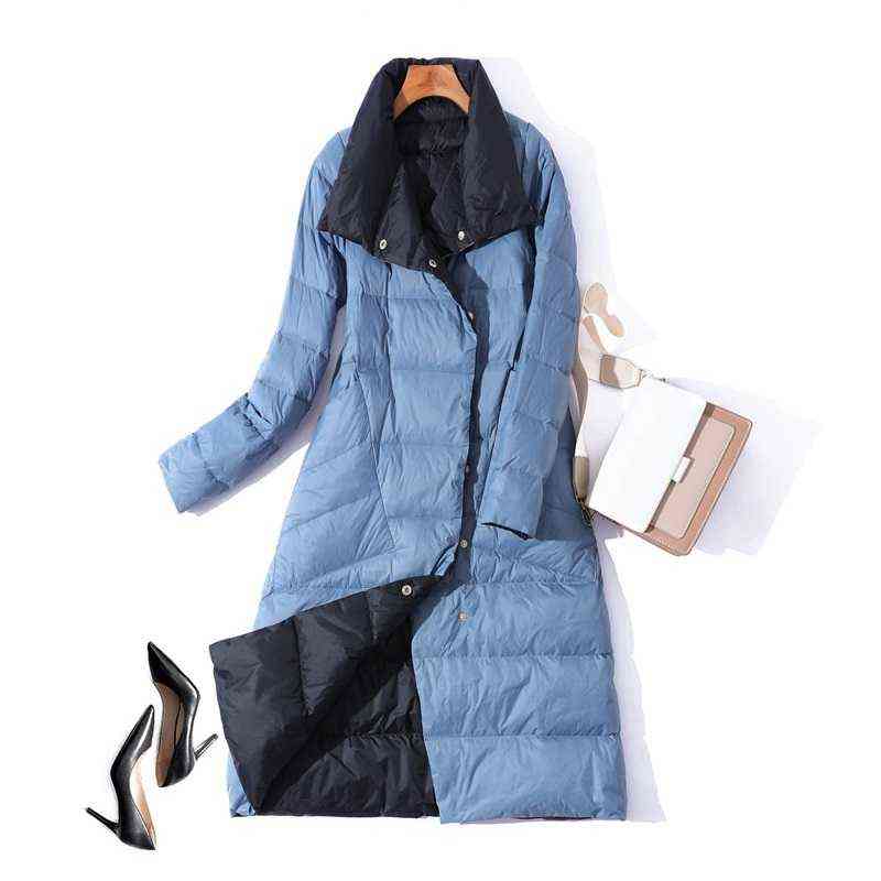 Luzuzi Women Double Sided Down Long Jacket Winter Turtleneck White Duck Down Coat Double Breasted Warm Parkas Female Outerwear 211102