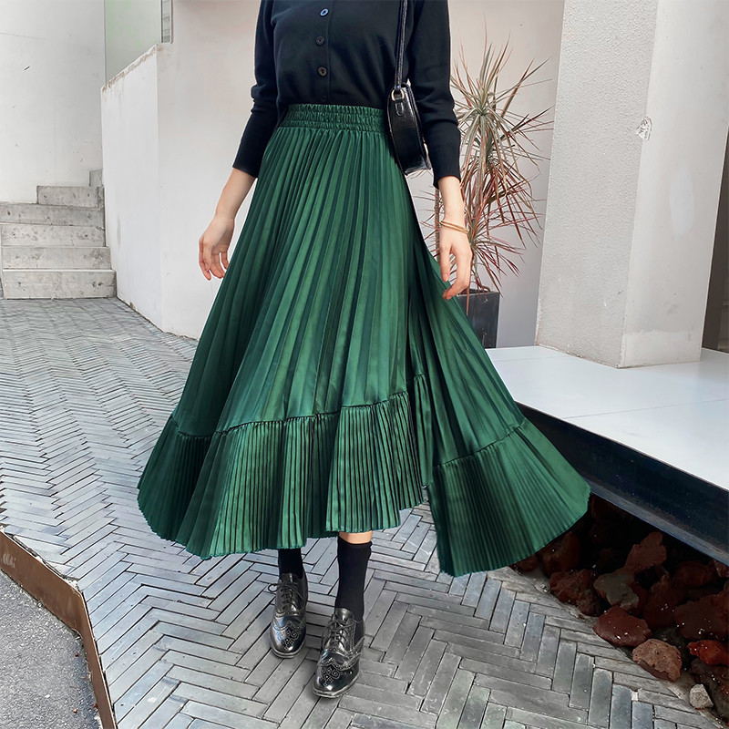 OL Elegant Women High Waist Vintage Irregular Pleated Skirt Autumn Winter Formal Plus Size Solid Long Skirts Womens 210421