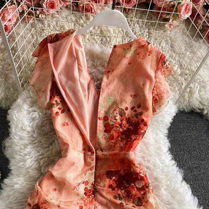 Vintage V-Neck Printed Chiffon Drawstring Mermaid Midi Dress Women Elegant High Waist Ruffle Vestidos Fashion Spring Summer 210409