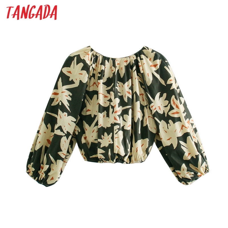 Women Retro Leaf Print Chiffon Shirt Crop Blouse Long Sleeve Chic Female Tops 5Z75 210416