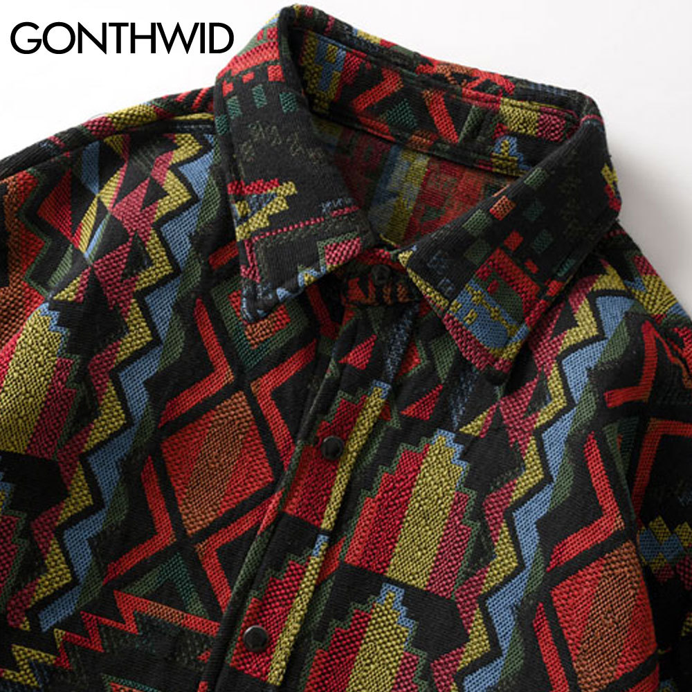 GONTHWID Southwestern Aztec Tribal Indian Button Shirts Streetwear Hip Hop Geometry Pattern Casual Long Sleeve Shirt Tops Coats 210410