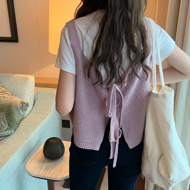 3colors spring and autumn Korean Sweet style Back lace up knitted sleevelesvest sweaters womens Sweaters pullovers womens(X1853) 210423