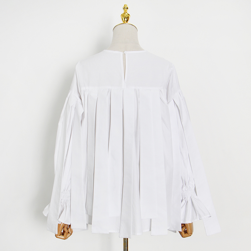 White Pleated Blouse Female O Neck Long Sleeve Casual Loose Shirt For Women Fashionable Clothing Spring 210524