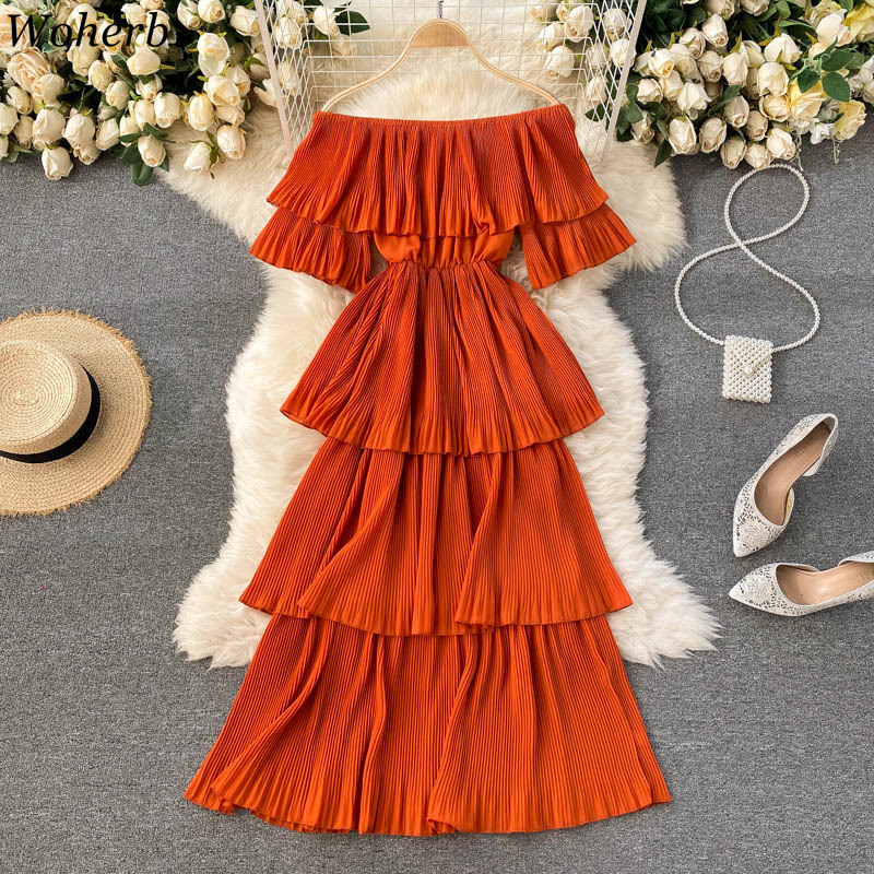 Summer Dress Women Robe Femme Off Shoulder Elegant Cake Dresses Slim Waist Korean Beach Style Solid Vestidos Mujer 210519