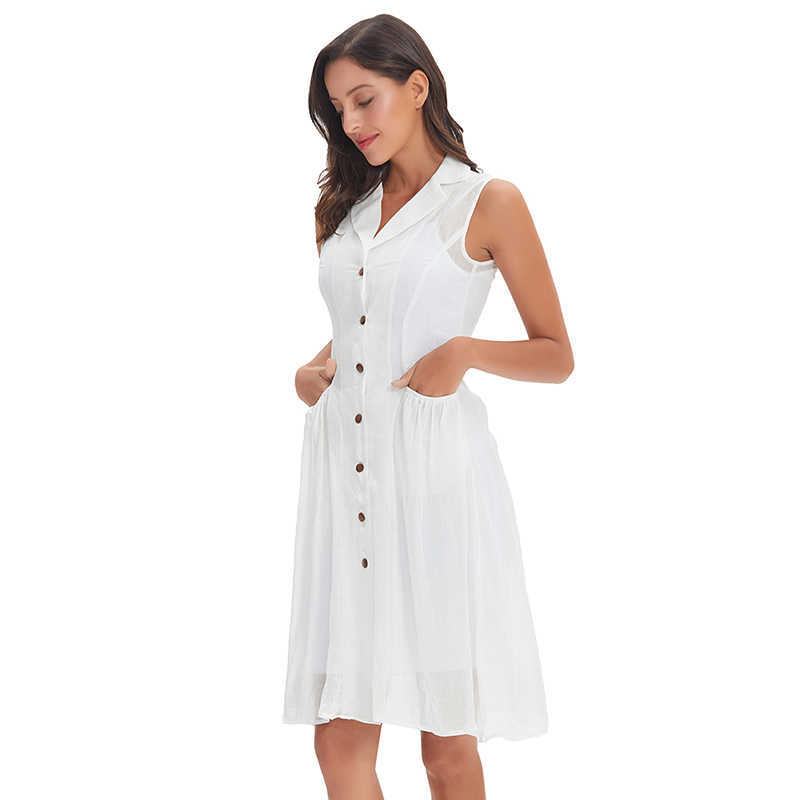 High quality line cotton lady elegant dress button up V-neck sleeveless button long white Summer dress with pocket A0987 210526