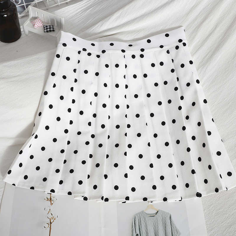 Korean Dot Skirts Womens High Waist Pleated A-line Mini Skirt Causal Spring Summer Faldas Mujer Moda 6G519 210603