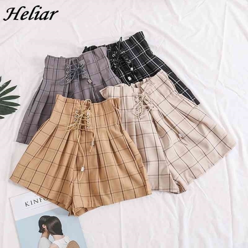 HELIAR Women Shorts Plaid Drawstring Hot Shorts With Ribbons Elastic Waist Wide Leg High Waist Shorts For Women Autumn 210408