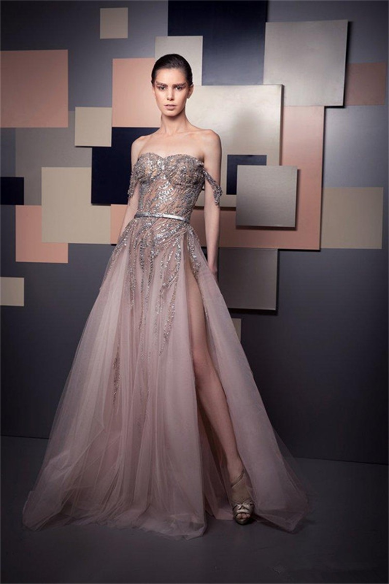 Elegant A Line Evening Dresses Off Shoulder Luxury Beads Sequins Illusion Side Split Prom Dress Party Wear Special Gowns Custom Made Robes De Soirée