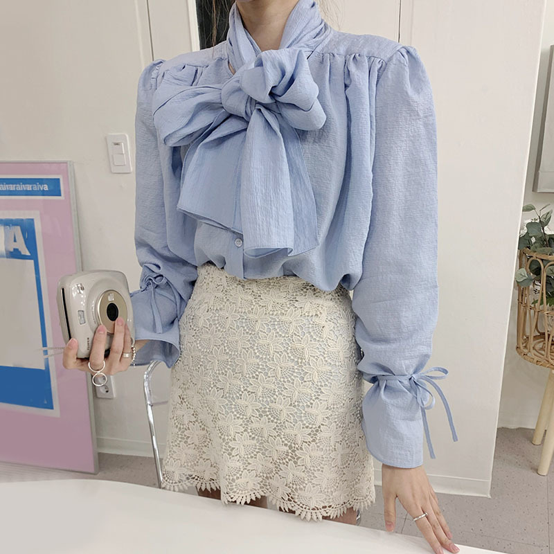 Nomikuma Womens Tops and Blouses Bow Tie Collar Flare Sleeve Shirt Spring New Causal Elegant Blusas Mujer De Moda 6E070 210427