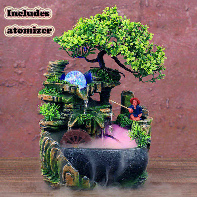 Indoor Resin Rockery Waterfall Feng Shui Flowing Fountain Desktop Ornament Office Decor Relaxation Meditation Sound 211108