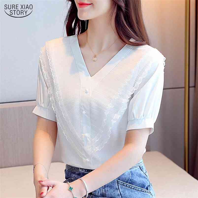 Vintage Lace Shirt Solid Loose Slim V-neck Top Female Short Sleeve Chiffon Blouse Ropa De Mujer Summer Woman's 9855 210506