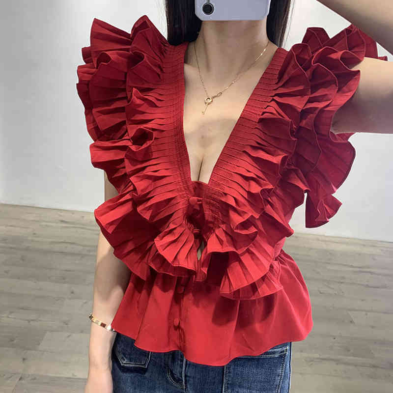Vintage Patchwork Ruffle Shirt For Women V Neck Short Sleeve Elegant Blouse Female Fashion Clothing Style 210524