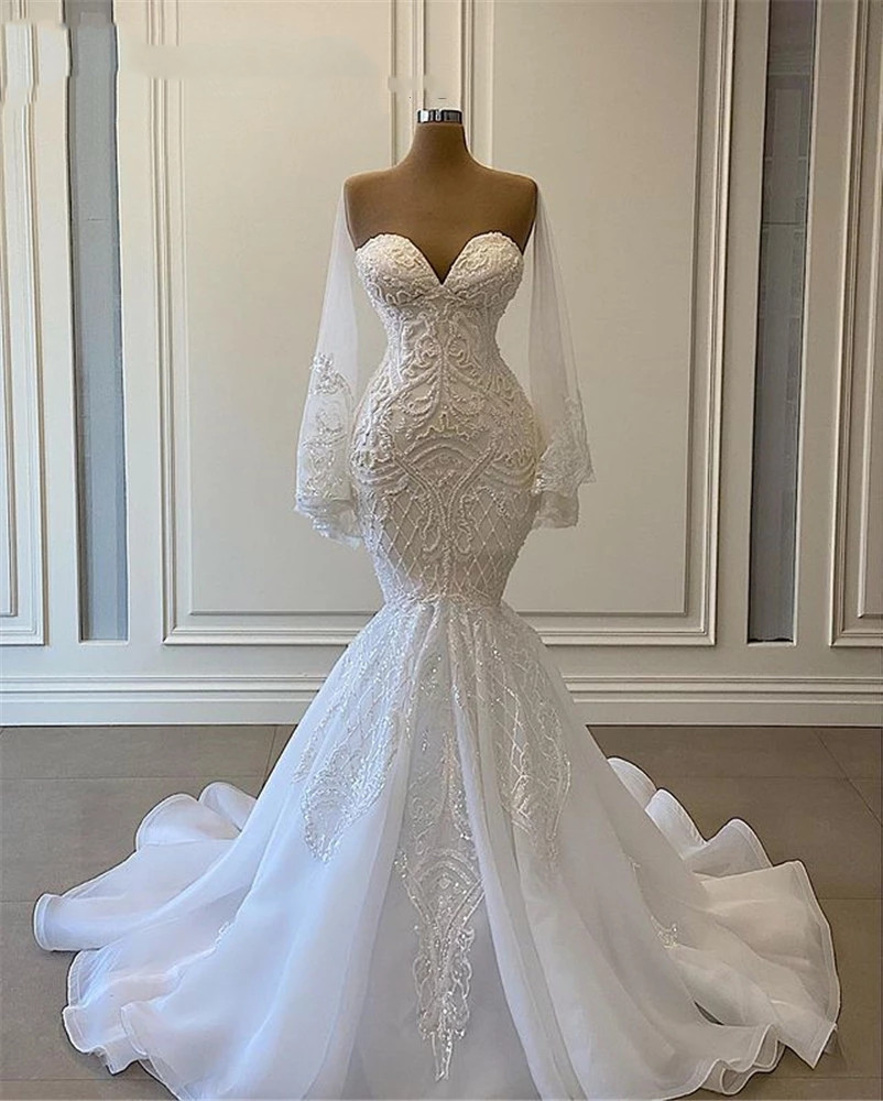 Mermaid princess Wedding Dresses Handmade Crystals Beading Vestido De Noiva Sweetheart long sleeve Wedding Gowns Bride Dresses