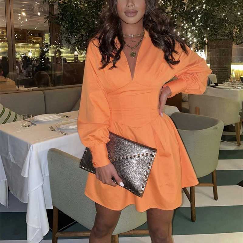 Casual Woman Orange Slim Hollow Out Shirt Dress Spring Lacing V Neck Beach Short Dresses Girls Y2K High Waisted 210623