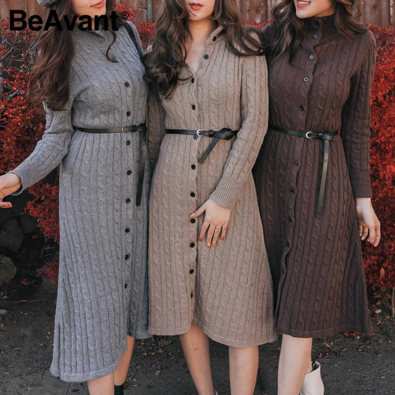 BeAvant Casual stand collar women knitted dress Autumn winter long sleeve button dress High street style female sweater dress 210709