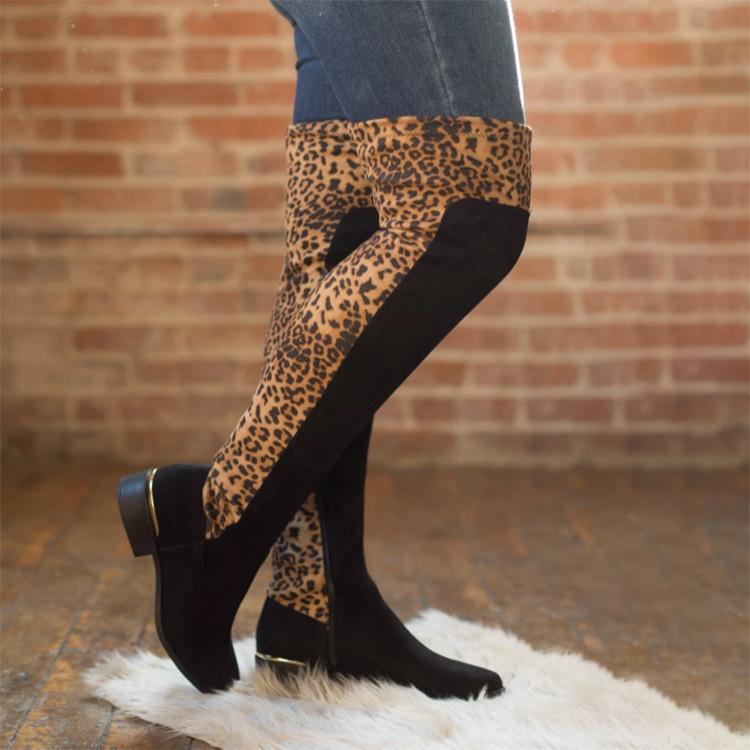 Elegant Women's Thigh High Boots - Round Toe, Comfortable Low Heels, Multiple Color Options Including Leopard