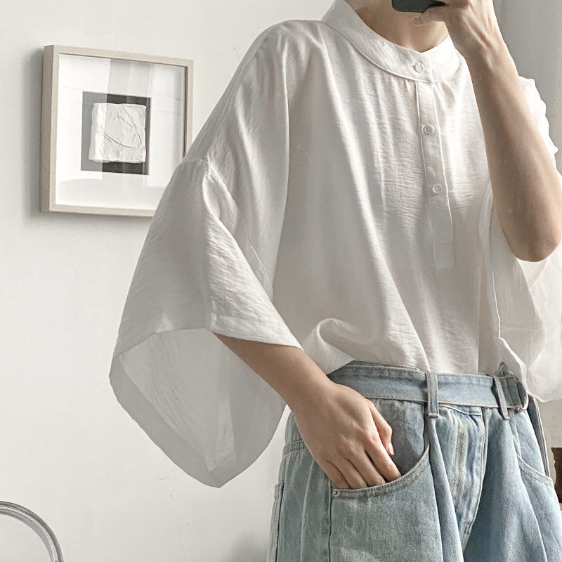 IEFB Tops Stand Collar Short Sleeve Loose Solid Color Shiny Fabric Summer White Shirts Men's Oversized Clothing 210524