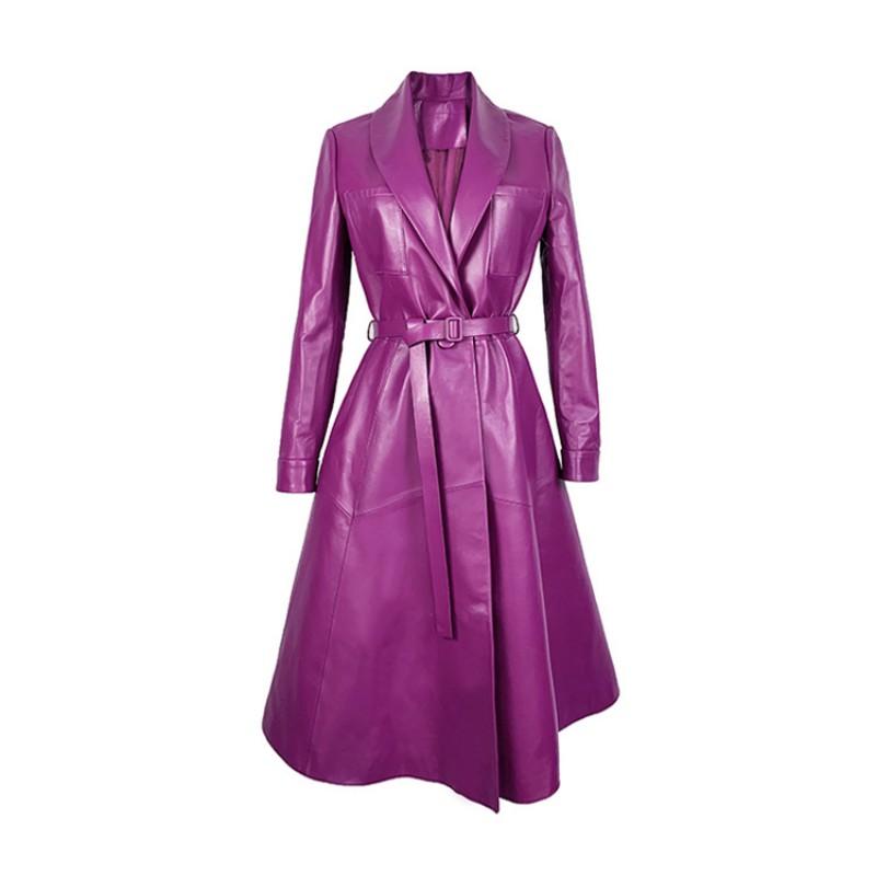 Women 2021 Long Purple Sheepskin Genuine Leather Jacket Belted Slim Fit Office Ladies Party Outwear Windbreaker Trench Coat Women's & Faux