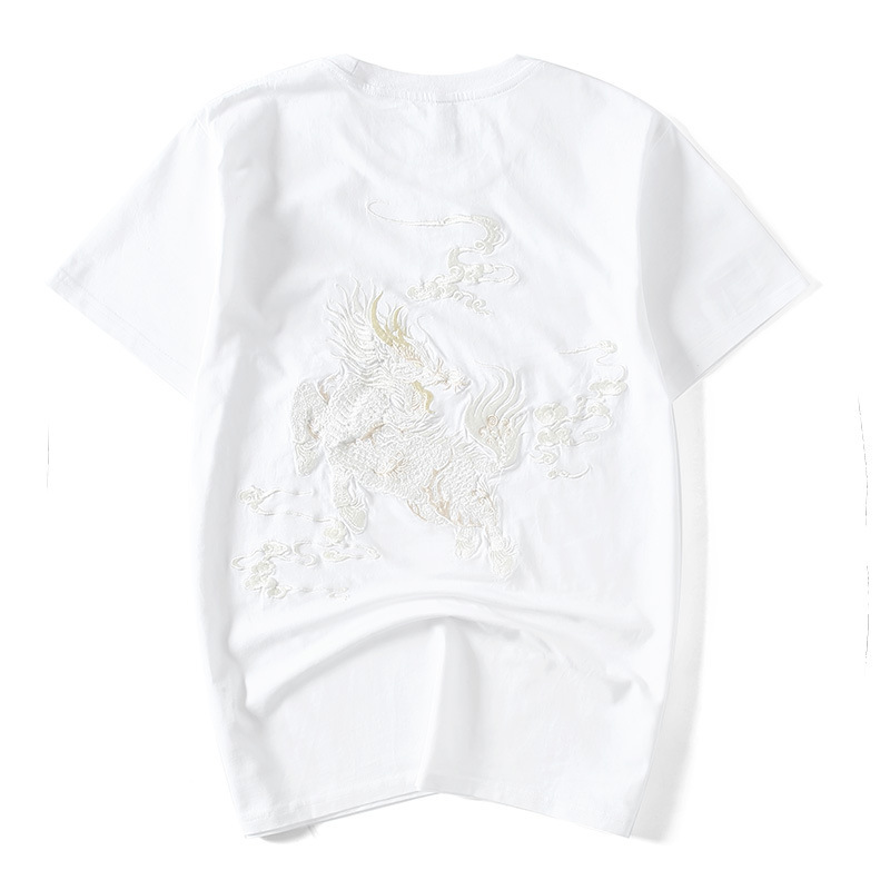 IEFB Men's Chinese Style Kirin Embroidered T-shirt Loose Round Neck Cotton Tee Tops Man's Wear Casaul Loose Clothes 9Y5879 210524