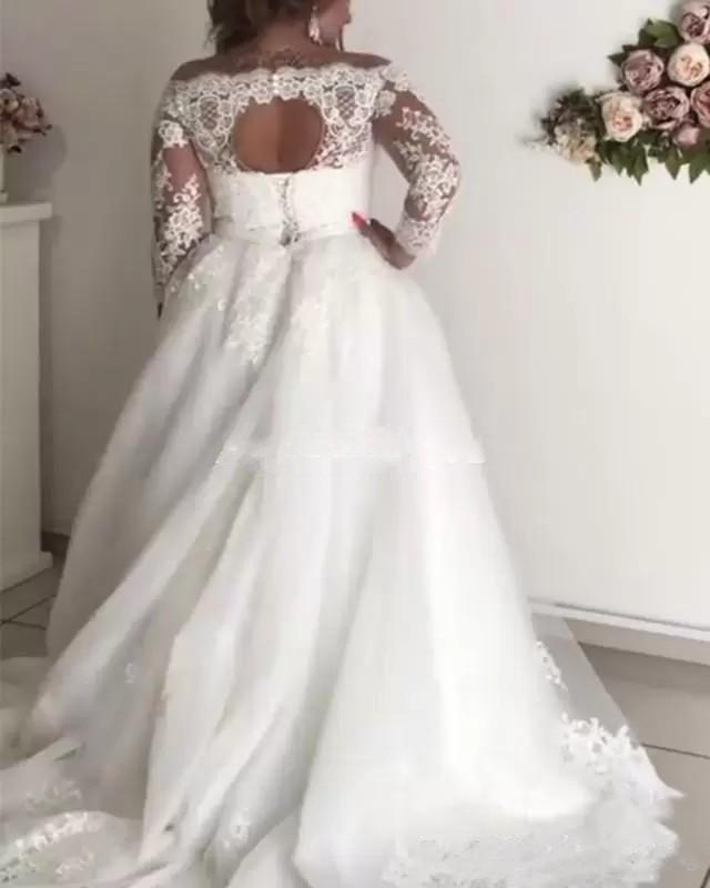 2021 Plus Size Bridal Gowns Wedding Dresses Sheer Neck 3/4 Long Sleeve Lace Appliques Illusion Hollow Back Garden Country robe de mariée
