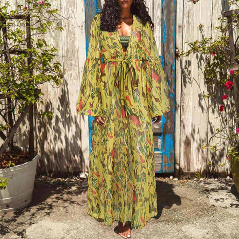 Women Dress V-neck Flare Sleeve Bandage Print Dresses Long Plus Size Bohemian For 210513