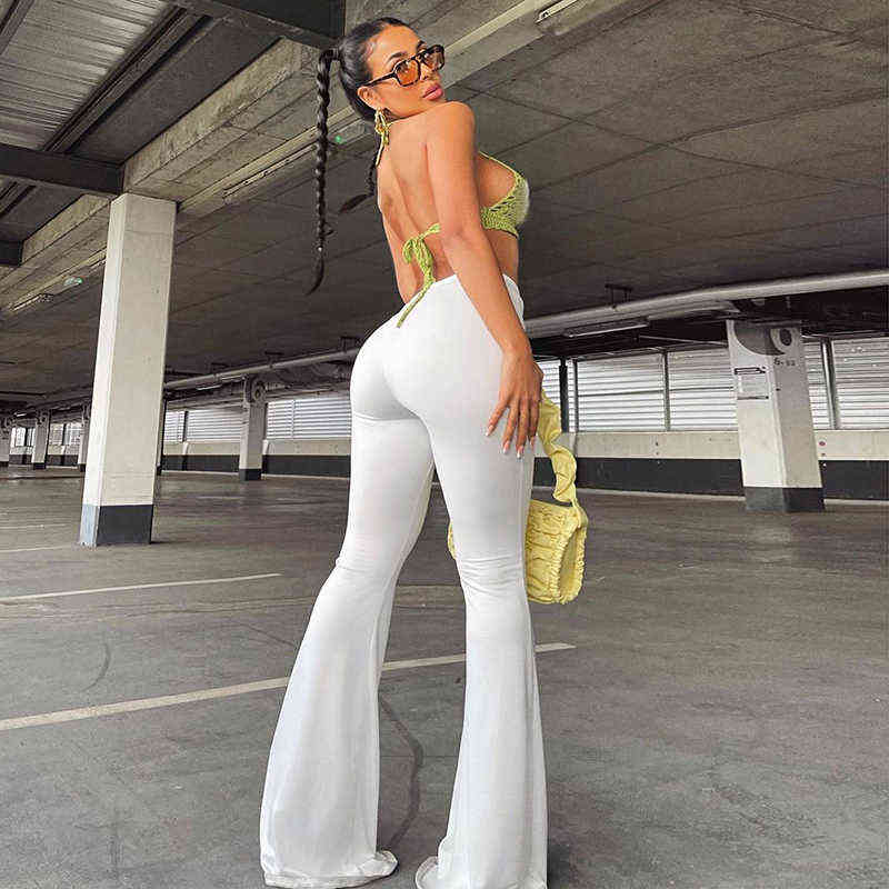 Women Slim Flare Pants Low Waist Drawstring Ruched Wide Leg White Trousers Fashion Summer Joggers Sweatpants 211112wtt