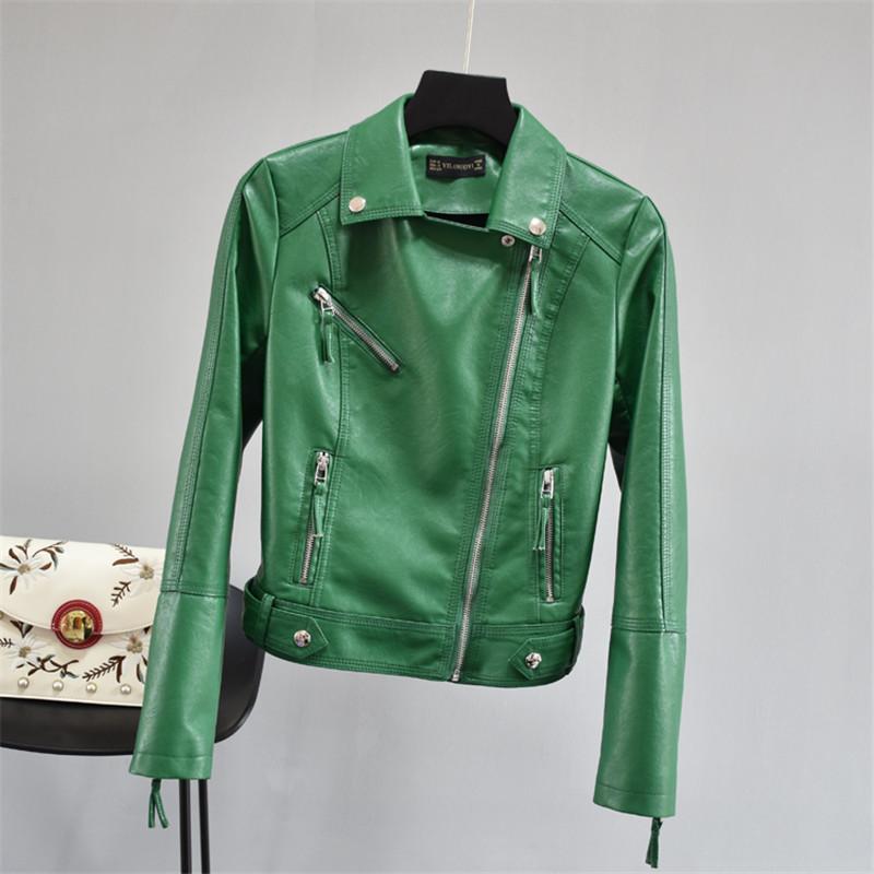 Women Soft Motorcycle Faux Leather Jackets Ladies Long Sleeve Autumn Winter Basic Street Black Green Yellow Red Coat Women's &