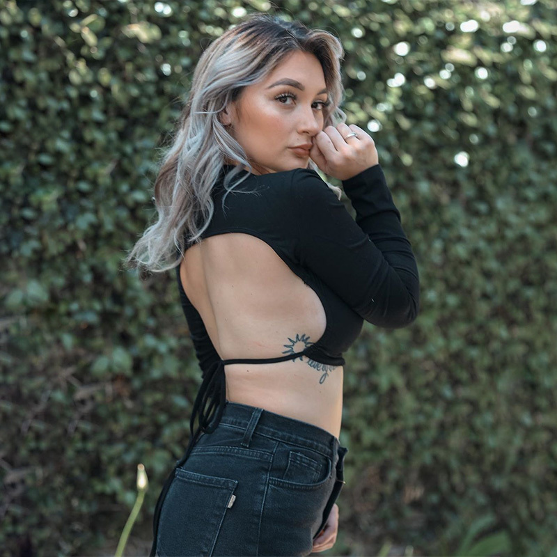 WannaThis Backless Tshirt Crop Tops Women Slim Elastic Fashion Lace up Hollow Out Women Cropped Top Summer Long Sleeve Shirts 210406