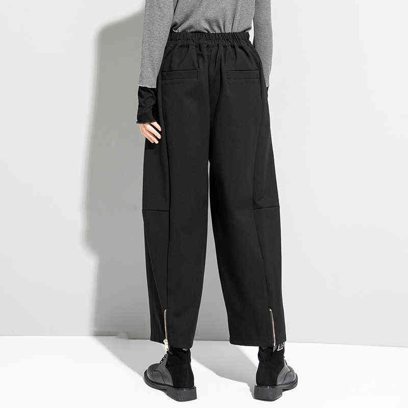 [EAM] High Waist Black Long Wide Leg Zipper Striped Trousers Loose Fit Pants Women Fashion Spring Autumn 1DD1519 211115