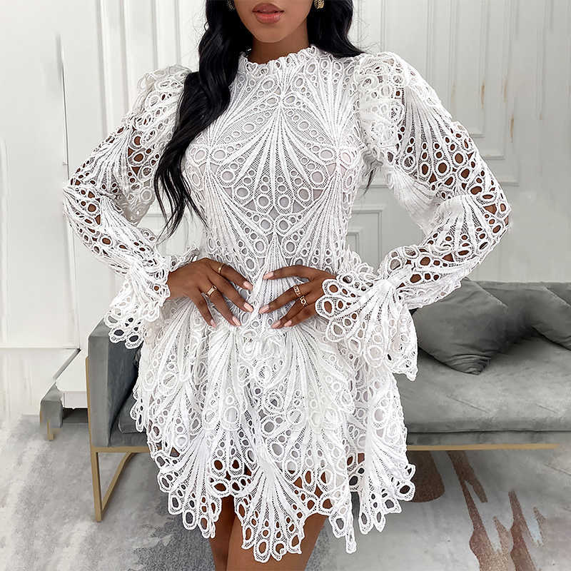 Fashion Clubwear Women Sexy Lace Mini Dress Female Mini Crochet Hollow-out Flare Sleeve Lady Party Dress 210716