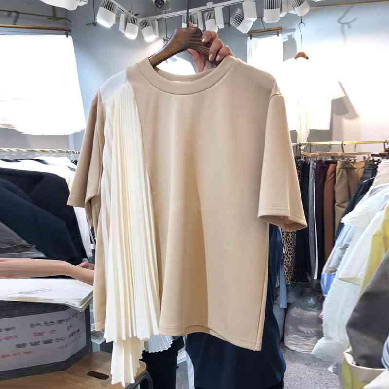 VANOVICH Korea's Spring Summer Women Loose Irregular Stitching Pleated Round Collar T-shirt Women's Top 210615Z