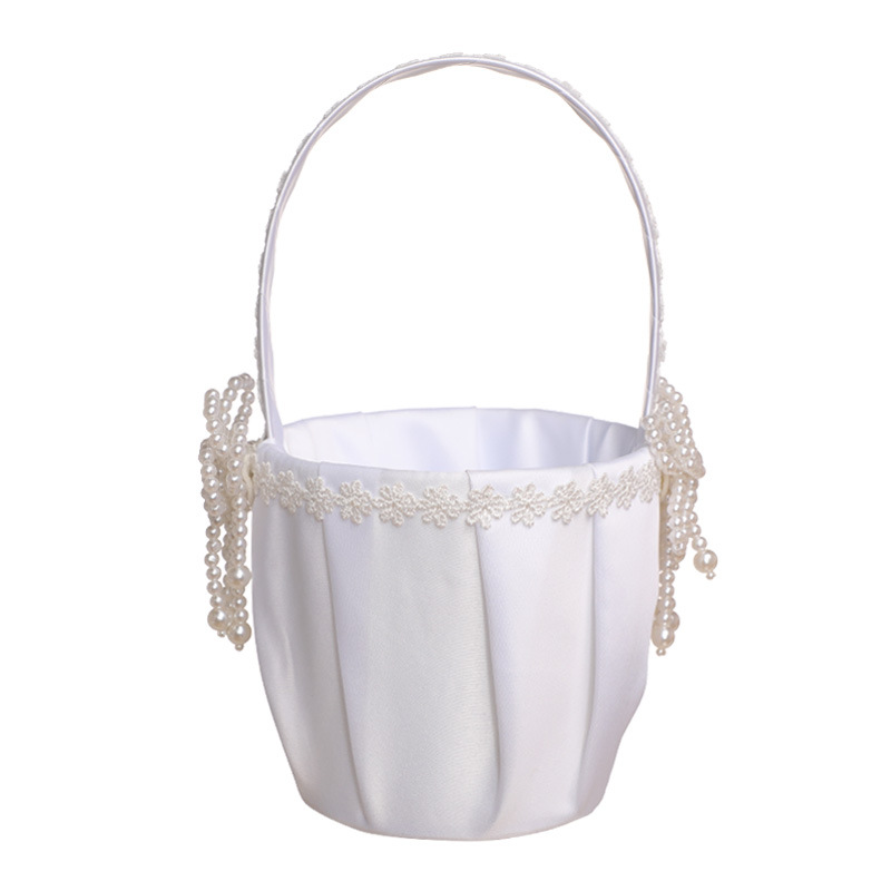White Wedding Flower Basket Ring Pillow Set with Satin Rose Pearl Bow-knot Bride Girl Baskets Decor H-5714