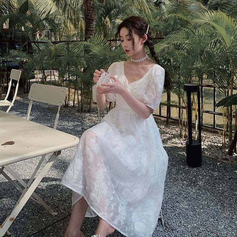 Short Sleeve White Elegant Dresses for Women V-neck Solid Casual Dress female Beach Dress Korean Chiffon Sumemr 210521