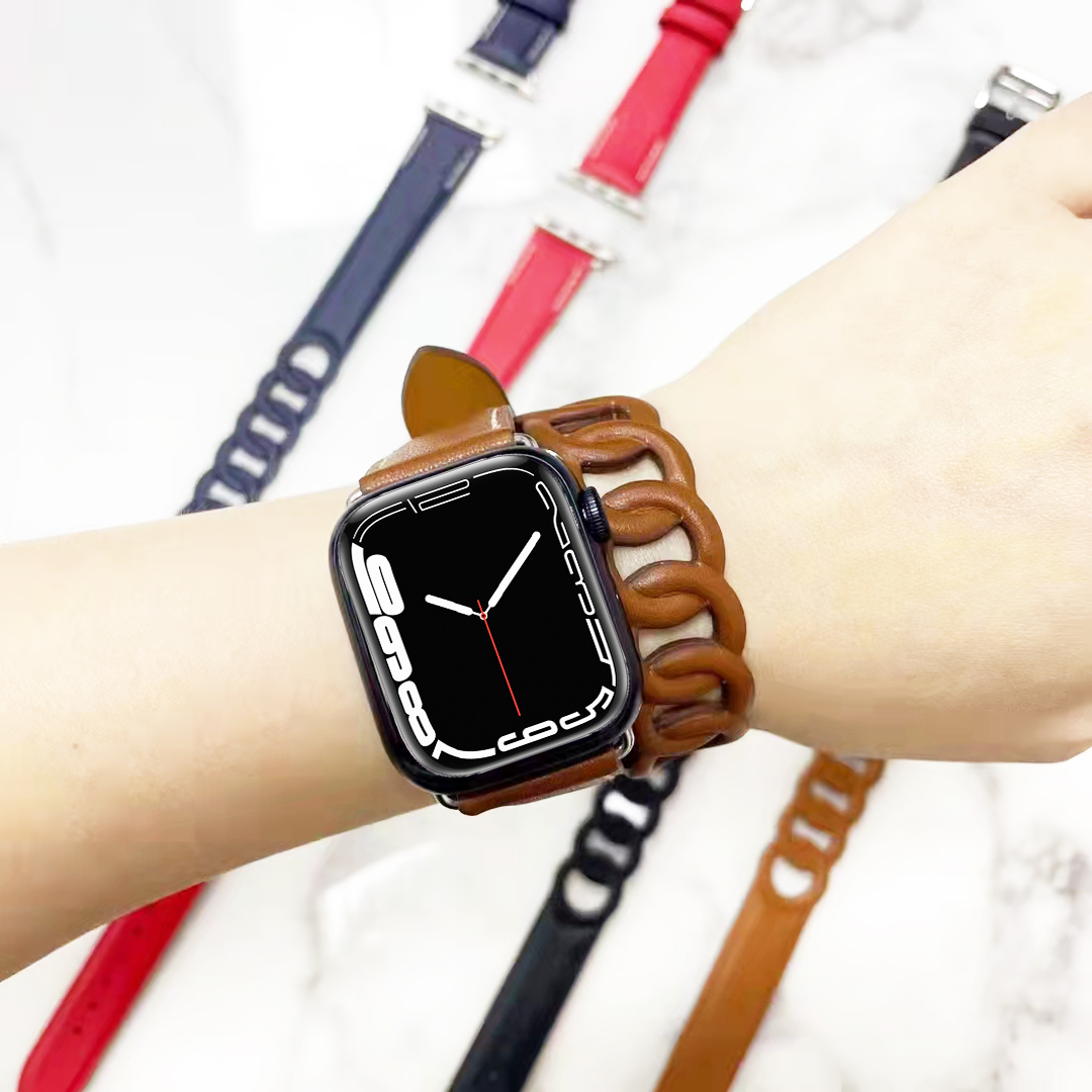 Gourmette Leather Double Tour Strap band Compatible with Watch 7 45mm 41mm correa 42 38mm bracelet iwatch series 6 5 4 3 Se 44mm 40mm