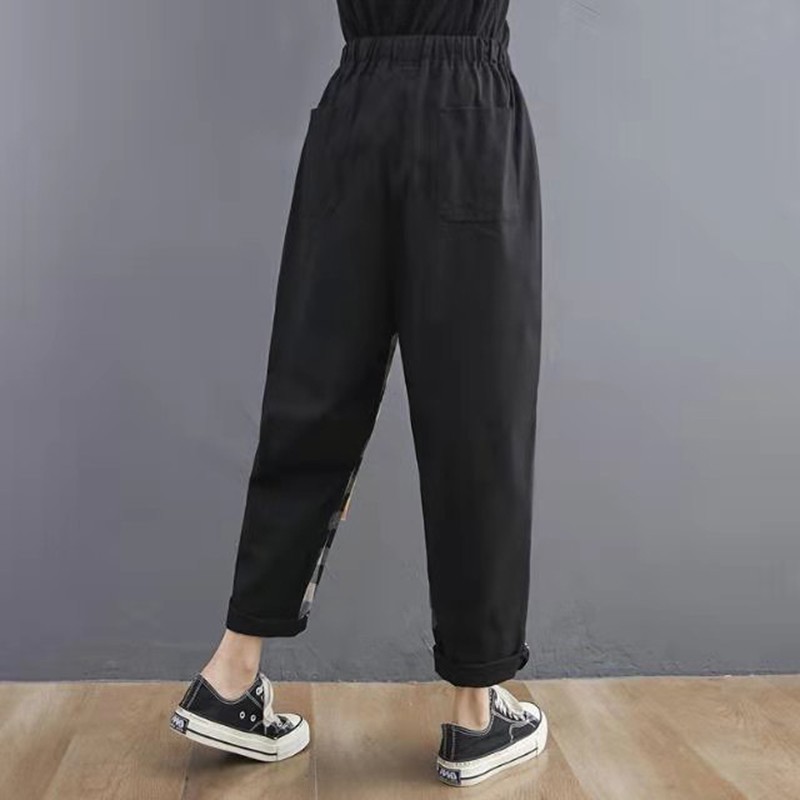 Arrival Summer Women Loose Casual Elastic Waist Ankle-length Pants Plaid Cotton Linen Patchwork Harem W207 210512