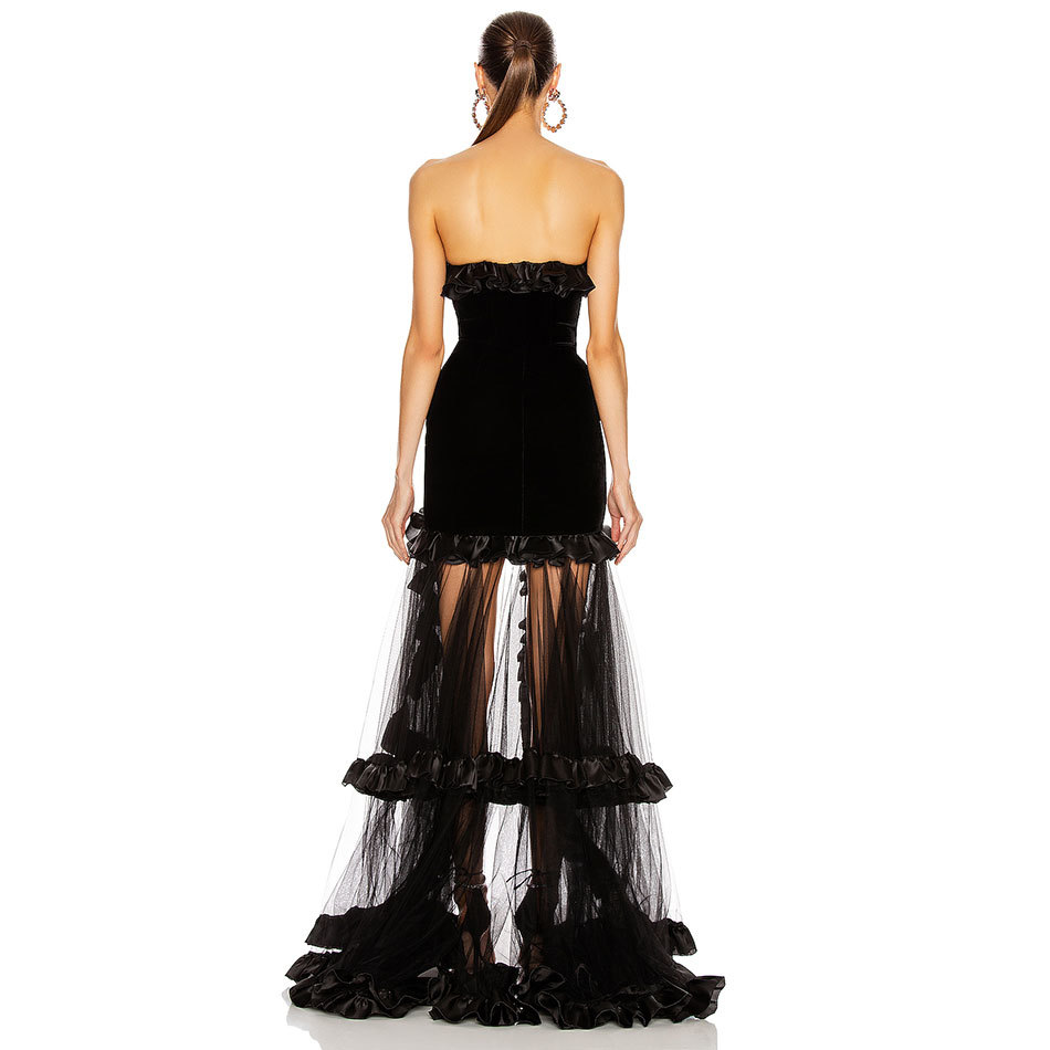 Free Women's Celebrity Club Runway Party Dress Vestidos Strapless Sleeveless Mesh Ruffled Bandage Midi Dresses 210524