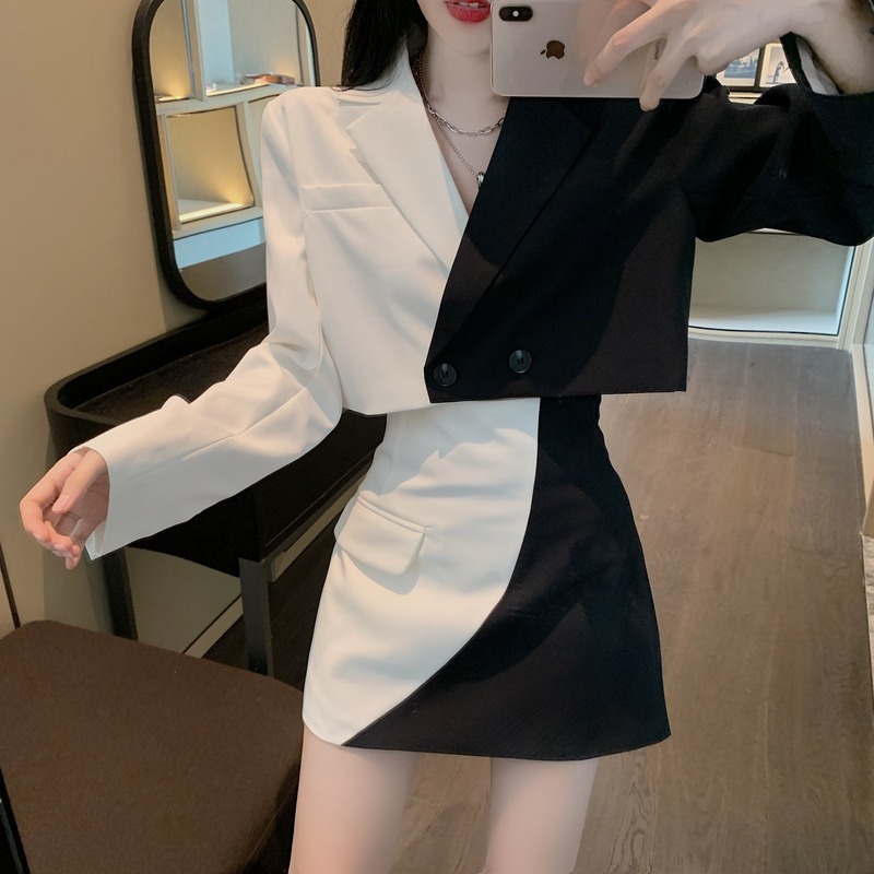 Kimutomo Fashion Two Piece Set Women Hong Kong Style Black White Patchwork Blazers and High Waist Mini Skirt Spring Chic 210521