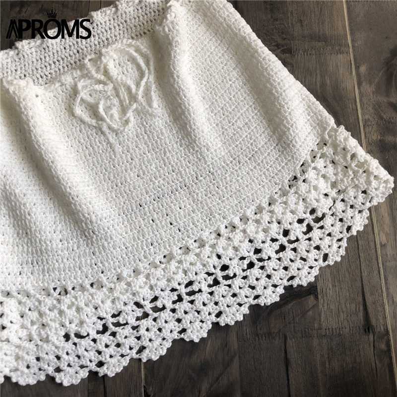 Aproms Elegant Handmade Cotton Crochet Mini Skirt Summer High Waist Bow Tie Skirt Ladies Beach Bikini Bottoms Saias 210621