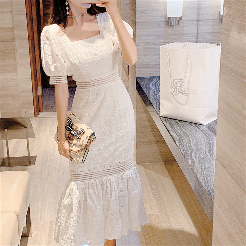 Summer Women's Square Collar Korean Dress Sexy High Waist Hollow Fishtail Dress Bag Hip Women's Fashion Party Dress Vestidos 210515