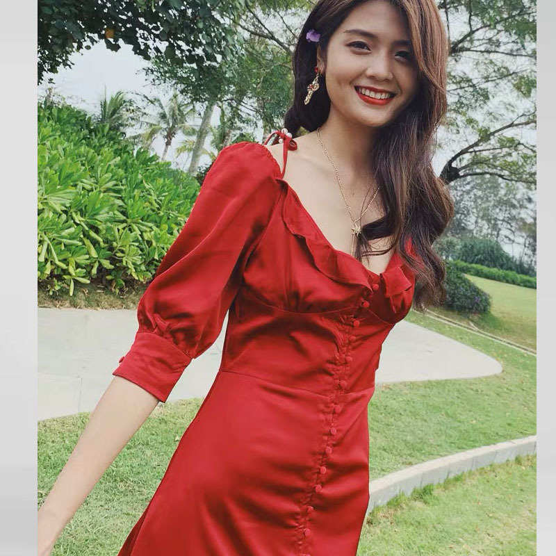 Fashion Women V-neck Pearl Cross Straps Irregular Female Dresses Backless Sexy Party Club Max Dress Elengant Red 210421