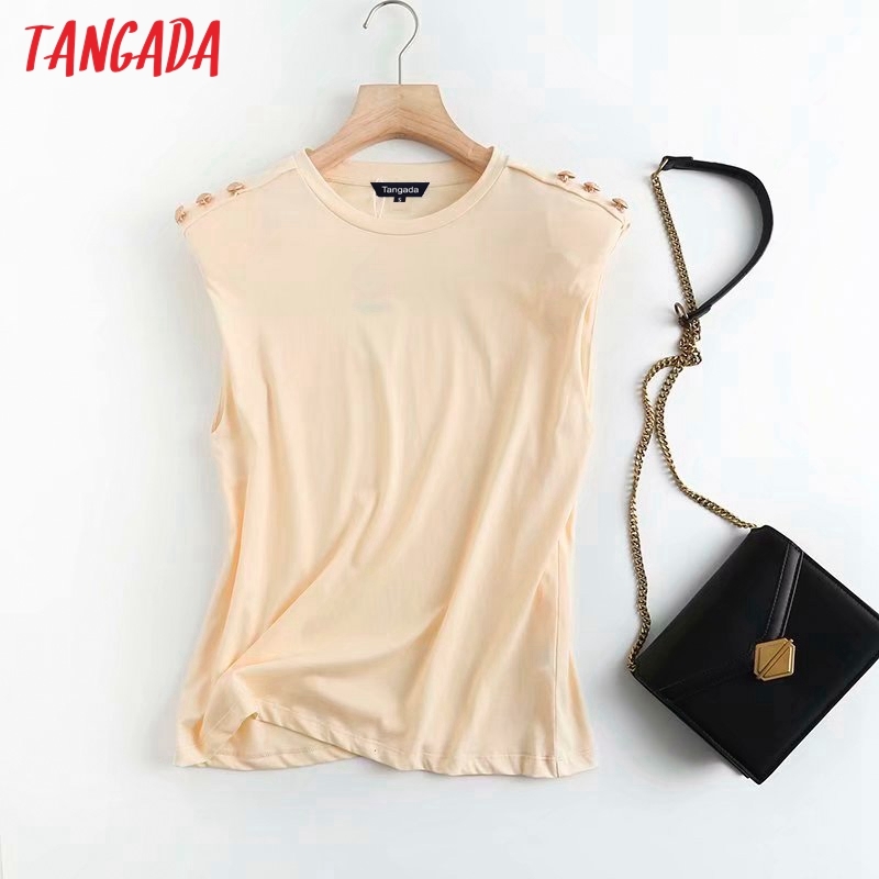Women Buttons Shoulder Sponge Cotton T Sleeveless O Neck Tees Ladies Casual Tee Shirt Top 4C70 210416
