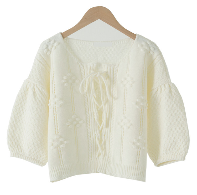 Stereoscopic Balls Knitted Cardigan Sweater Women Puff Sleeve O-neck Lace Up Tops Vintage Korean Fashion Ladies Jumpers 210514