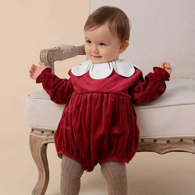 Smocked Romper For Baby Boy Girls Year Outfit Toddler Girl Velvet Boutique Jumpsuit Petal Collar infant Smocking Clothes 210615