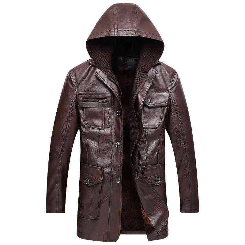 Idopy Winter Warm Men`s Long Faux Leather Jacket With Detachable Hood Fleece PU Faux Leather Trench Coat Jacket Hoodie 211111