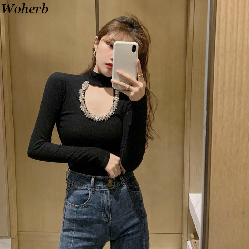 Neploe Sexy Lady Pullovers Heavy Beading Hollow Out Knitted Sweaters for Women Half Turtleneck Slim Long Sleeve Jumper Tops 210519