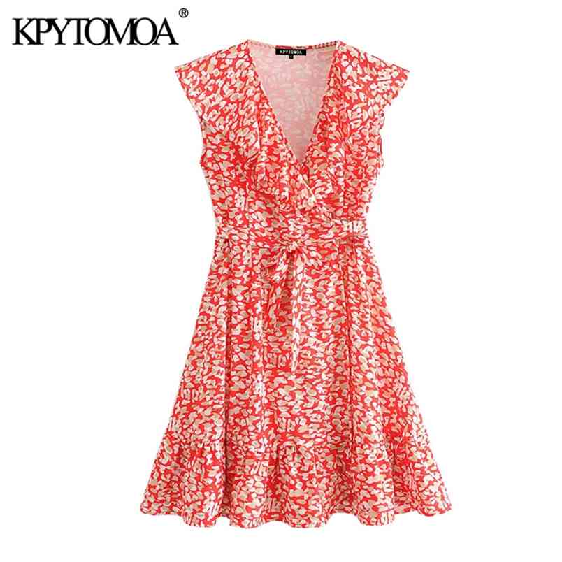 Women Chic Fashion Floral Print Ruffled Mini Dress Sleeveless With Belt Female Dresses Vestidos Mujer 210420